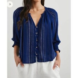 Rails Mariah Noja Stripe Blouse Linen Blend Button Down Navy Coastal Beachy M